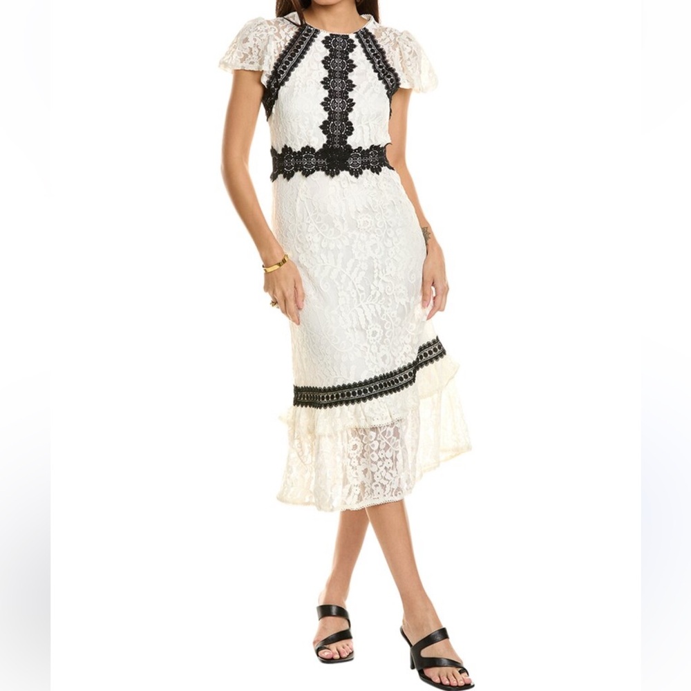 New Rachel Parcell Ivory Lace flutter Midi Dress with Black  women size 0
